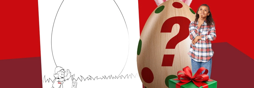 Ostermotiv mit Malvorlage, großem Ei mit Fragezeichen und einem nachdenklichen Kind.